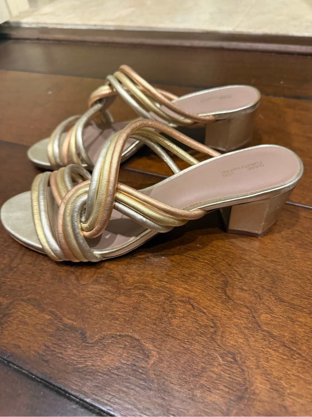 Diane Von Furstenberg Metallic Multi-Strap Block Heel Sandals - Gold Tone